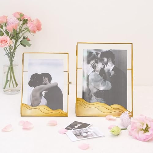 Fondazza Gold Photo Frame, Brass And Clear Glass, Brass Wave Design, Table-Top Picture Frame With Brass Stand, Vertical Or Portrait Frame (5"X7") #TOP6