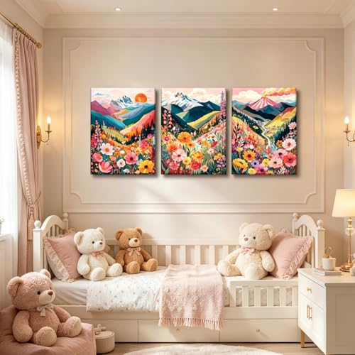 Image of Frimeeme Framed Colorful Watercolor Floral Mountain Canvas Wall Art,12x16