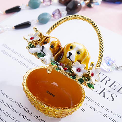 Yu Feng Puppy Flower Basket Trinket Boxes Hinged Rhinestones Jeweled Painted Enameled Collectible Dog Animal Figurine Jewelry Holder Box #TOP2