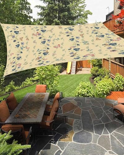Waterproof Sun Shade Sail Retro Flowers Floral with Leaves Butterfly Yellow Outdoor Patio Sun Shades Canopy UV Block Water Resistant Sunshade for Garden Backyard Deck Pergola 8x10 Ft