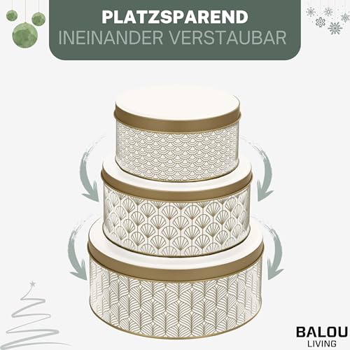 BALOU LIVING 3er Set Keksdose Weihnachten - Weihnachtskeksdosen aus Metall - Weihnachtliche Plätzchendose Blechdose, Pattern weiss/gold