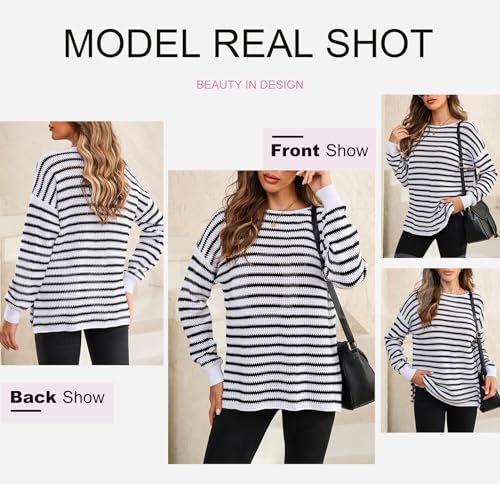 Image of Dokotoo Sweaters for Women Crewneck Long Sleeve Striped Color Block Loose Knit Pullover Sweater Tops