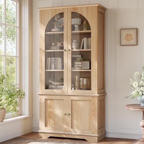 SEDETA Farmhouse Bookcase with Doors, 71' Arched Bookcase with Glass Doors, Tall Bookshelves with...