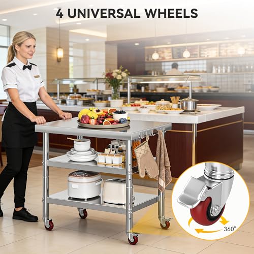 Image of DWVO 30x24in Stainless Steel Table with Wheels & 2 Adjustable Shelves | NSF Metal Prep Worktable for Kitchen Restaurant Hotel Garage Warehouse Home Commercial