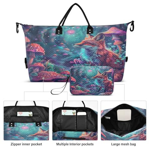 Fox Travel Gym Bag, Fox Mushrooms Illustration Weekender Overnight Duffle for Women with Toiletry Bag Travel Swim2