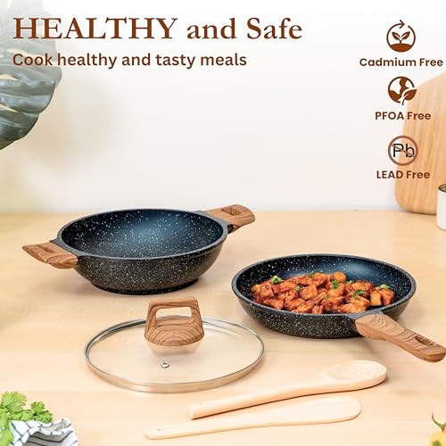 Image of Kreme CeraStone Ultra Granite Nonstick Cookware Set 5 Pieces, Frying Pan 1.7L, Kadai 2.5L, Glass Lid and Wooden Cooking Spoons, PFOA Free, Induction Compatible, Made in India, Black