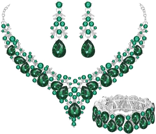 Elegant Bridal Wedding Jewelry Set for Women/Brides/Bridesmaids Teardrop Crystal Leaf Cluster Jewelry Set for Wedding Prom Party Bridal Bridesmaids Rhinestone Crystal Necklace Earrings Bracelet Set