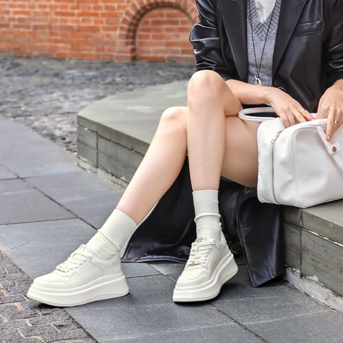 Image of BEAU TODAY Platform White Sneakers for Women,Leather Casual Tennis Shoes