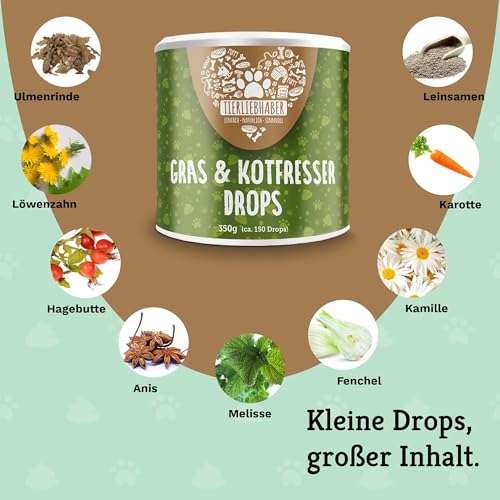 TIERLIEBHABER – Gras & Kotfresser Drops für Hunde – bei Fressen von Gras & Kot – beruhigt den Magen & reduziert Sodbrennen – Grasfresser Drops mit Heilerde, Ulmenrinde & Fenchel (350g | ca. 150 Stück)