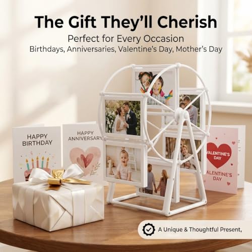 Image of MUSHA Customized Ferris Wheel Rotating Photo Frame | 12 Photo Swing Wheel Display | Personalized Anniversary Valentine Birthday Gift | Double-Sided Tabletop Photo Holder | Send Your Photos We Print | Rotating Photo Frame for Couples