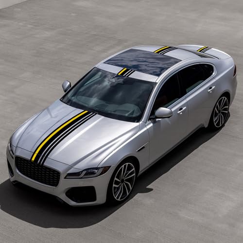 Image of TOMALL 2-Pc 85.8''x7'' Vinyl Racing Stripe Decals Sets for Car Hood Roof Trunk Auto Sports Stripe Graphics Modified Stickers for Vehicle SUV Off-Road DIY Exterior Decoration Accessories (Black /Yellow)