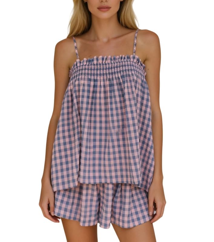 ROAONOCOMO Women Gingham 2 Piece Pajama Set Flowy Peplum Babydoll Cami Top Wide Leg Shorts Sets Summer Lounge Outfit Purple