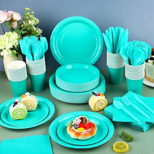 Kochorie 350 Pieces Teal Blue Dinnerware Set 7 & 9 inch Dessert Paper Plates Cups Napkins Plastic Cutlery Disposable Party Supplies for Birthday Baby Shower Wedding Serve 50 Guests