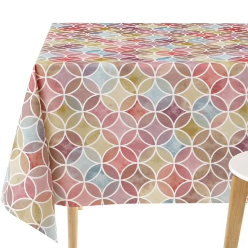 KP HOME Nappe Toile Cirée Rectangulaire 140x200 Nappe PVC Motif Cercles Géométriques Multicolore Nappe Cirée 200x140 Style Moderne Nappe Plastique Art Déco Rouge Lavable Imperméable Essuyable 200 140