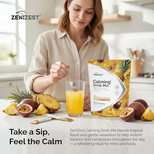 Image of Calming Drink Mix Powder - Natural Cortisol Balance Calm Sleep Stress Support Supplement with Magnesium Glycinate Ashwagandha L-Theanine Vitamin D3 - Pineapple Passion Fruit Flavor 20 Packets