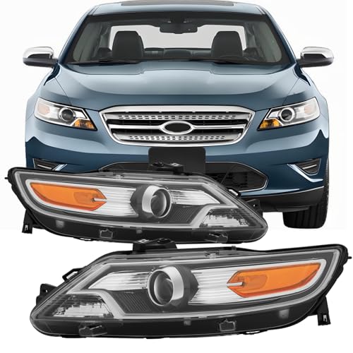 2PCS Headlights Assembly With Bulbs For 2010 2011 2012 Ford Taurus SE SEL Limited SHO Sedan Replacement Halogen Headlamps Driver and Passenger Side Chrome Housing Amber Side