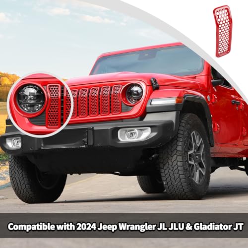 Image of JWWY Headlight Front Grille Mesh Inserts Grille Embellishment Headlamp Grille Accent Kit Trim Fit for 2024 Jeep Wrangler JL JLU & Gladiator JT 4XE Exterior Accessories ABS 9pcs Red (Without Camera)