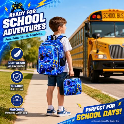 Image of 3Pcs Gamer Backpack for Boy, 17 inch Lightning School Bookbag for Elementary Preschool Kindergarten, Kids School Thunder Backpacks with Lunch Box (Blue)