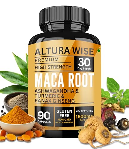 AlturaWise 5 in 1 Pure Maca Root Capsules for Men and Women | Maca Root Powder Capsules with Black + Red + Yellow Maca Root with ashwagandha, panax Ginseng Extract Supplement - 90 Vegan Pills