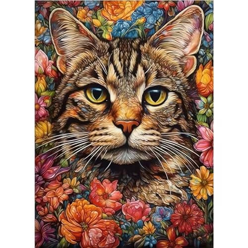 Flower Cat Diamond Art Kits for Adults Colorful Floral 5D Diamond Painting Kits for Adults Beginners DIY Round Full Drill Diamond Gem Art Crafts Paintings Home Wall Decor 12 X 16 Inch