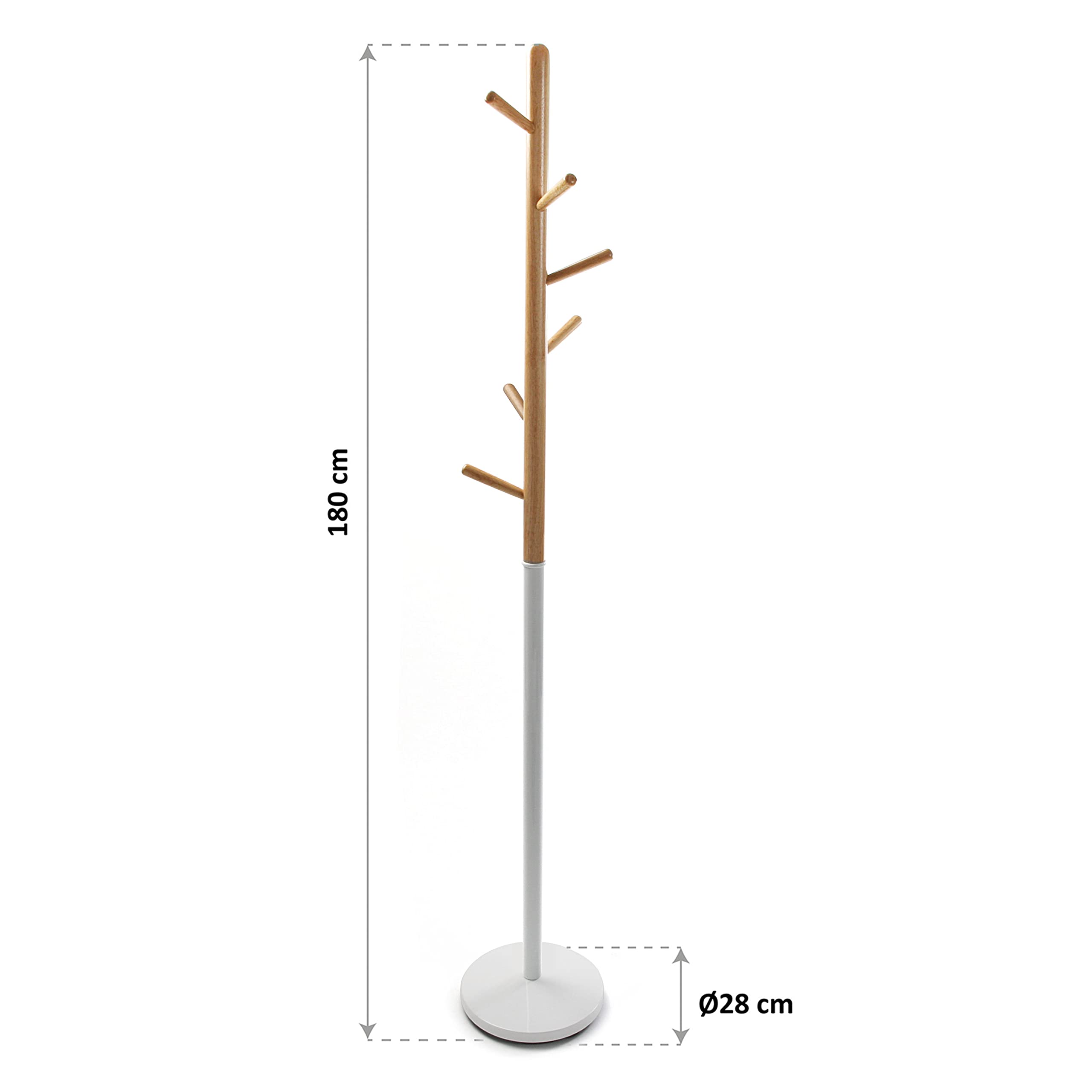 Versa Holstebro Minimalistischer Garderobenständer für den Eingangsbereich, mit 9 Haken für Kleidung oder Taschen für die Halle, Maßnahmen (H x L x B) 180 x 28 x 28 cm, Metall und Holz, Farbe: Weiß