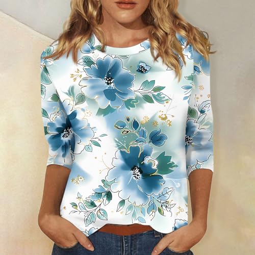 HTHLVMD Womens 3/4 Length Sleeve Tops 2025 Fall Fashion Floral Print Crewneck Causal Trendy Tunic Tops for Women