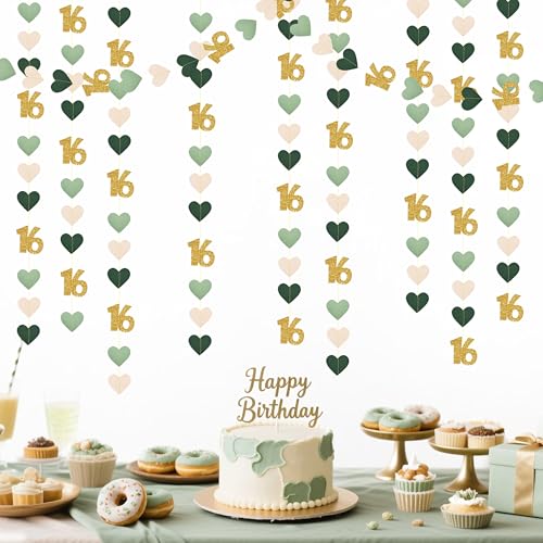 Image of Sage Green Gold 16th Birthday Decorations Sage Green Gold Heart Garland Streamer Banner Backdrop for Girls Happy 16th Birthday Sweet 16 Decorations Cheers to 16 Years Old Anniversary Party Supplies