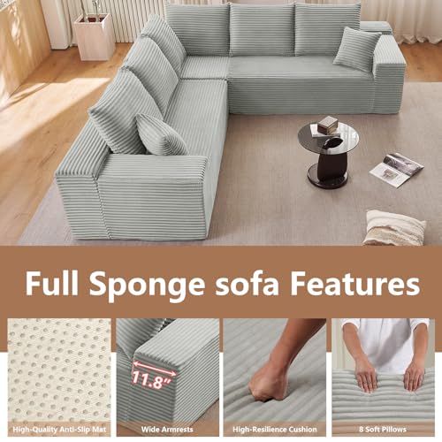 Image of Oversized Modular Sectional Sofa Couch, Large 5 Seater Corner Sofa Modern V Shaped Sectional Couch Cloud Couches for Living Room, Office, Spacious Space, Corduroy, No Assembly Required, Light Grey