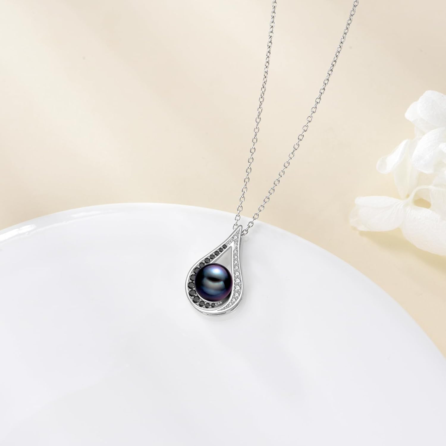 Diamond Freshwater Black Pearl Necklace for Women, 925 Sterling Silver 7MM Pearl Teardrop Pendant Necklaces with Lab Grown Diamond Luxury Jewelry Gifts for Her, 18+2 Inches - Image 4