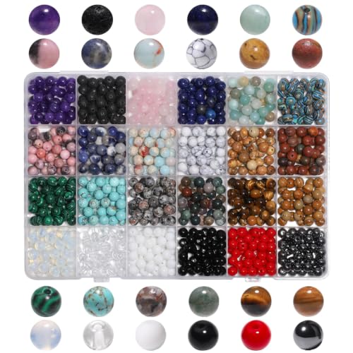 720pcs 6mm Natural Round Stone Beads Gemstone Crystal Loose Beads Smooth Bead for Bracelet Necklace Earring Jewelry Making Kit