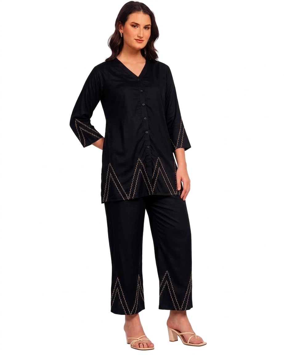Women's Black Rayon Co-Ord Set with Zigzag Lace Work | V-Neck Top & Palazzo Pant Set-image-32