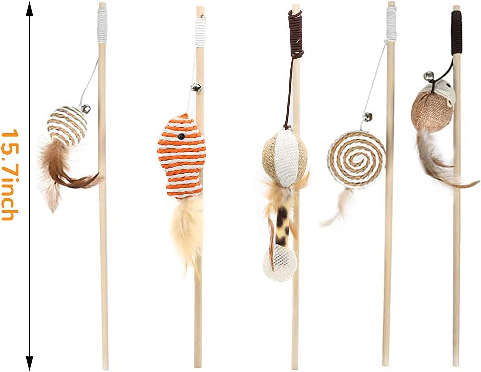 Qpets Premium Cat Toy Interactive Cat Toys Set of 5 Cat Teaser Wand Pet Toy for Cat Activity Fishing Rod with Mouse Natural Feathers Toys for Kittens to Play Cat Games and Toys Mouse Toy