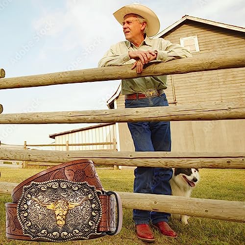 IZUS Women Western-Cowboy-Belt Floral-Embossed 1-1/2"W PU-Leather Cowgirl-Waist-Strap W/Longhorn-Bull-Buckle Men Jeans3
