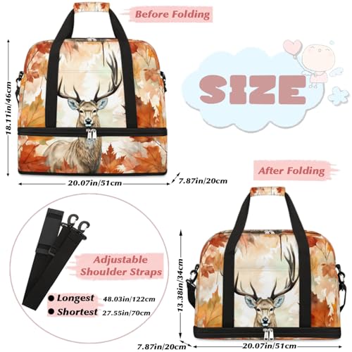 Travel Duffel Bags Autumn Maple Leaf Deer Foldable Weekender Bags for Women with Shoes Compartment Waterproof & Tear Resistant Carry on Overnight Luggage Duffel Bag Shoulder Sports Tote Bag2