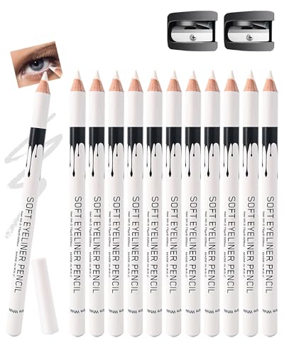 12 lápices de ojos blanco mate, lápiz de ojos suave y sedoso con sacapuntas, resistente al agua, duradero, multiuso, lápiz de ojos brillante, vegano, juego de maquillaje de alta pigmentación para