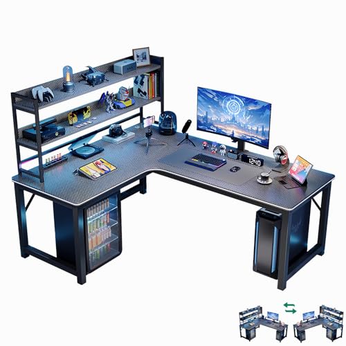 DESINO L-Shaped Desk Computer Corner Desk with Shelf, L Shaped Home Office Table, Large Gaming Table Sturdy Writing Desks Writing Workstation (Black, 160cm)