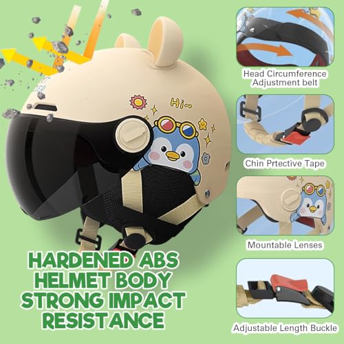 Image of Proberos Kids Bike Helmet for Boys & Girls Ages 5-12, UV400 Sun-Proof Goggle Lightweight Cartoon Bike Helmet with Detachable Ear Guards, Adjustable Chin Strap, Cushion Liner Design, Beige
