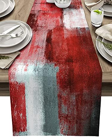 Red Oil Painting Table Runner 36 Inches Long, Abstract Art Farmhouse Dress Scarves, Red Grey White Geometric Dining Tablerunner for Coffee Table/Kitchen Island/Party Décor, Small 13" x 36"