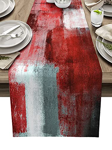 Red Oil Painting Table Runner 36 Inches Long, Abstract Art Farmhouse Dress Scarves, Red Grey White Geometric Dining Tablerunner For Coffee Table/Kitchen Island/Party Décor, Small 13" X 36" #TOP1