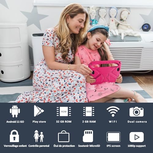 SUAAT 2025 Andriod 11 Tablet da 7 pollici per bambini, 2GB RAN + 32GB ROM Bluetooth,istruzione + giochi, doppia fotocamera, controllo parentale Rosa
