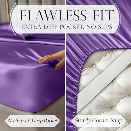 Image of DECOLURE Satin Bed Sheets - 4 Piece Luxury Silky Full Size Bedding Set - Softer Than Silk, Wrinkle-Free with 15 inch Deep Pocket Fitted Sheet, Perfect for Hair & Skin, Gifts for Women (Purple)