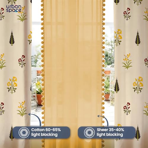 Image of Urban Space Printed 100% Cotton Curtain for Window, Cotton & Sheer Combo Set of 3 Curtains 5 Feet Long, Tieback & Eyelets Included with Curtains for Room Darkening (High Garden & Yellow pom pom)