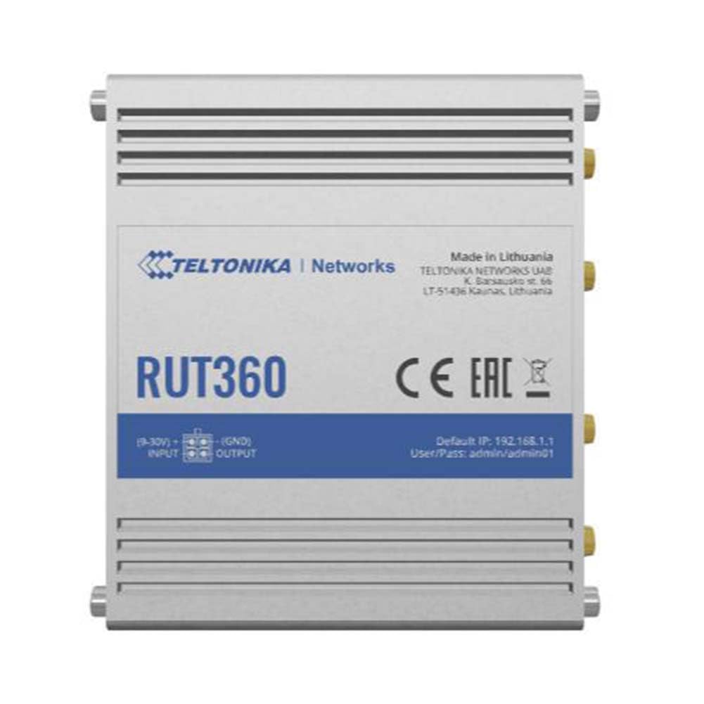 Teltonika RUT360100100 Model RUT360 LTE Industrial Cellular Router; Only for use in USA; 4G/3G Frequencies; Ethernet Interfaces, WiFi and Cellular Module; Compatible with IoT and M2M Applications