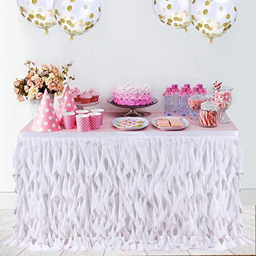 Haperlare 6ft Curly Willow White Table Skirt, Tulle Table Skirt for Rectangle or Round Table Tutu Tablecloth Table Skirting for Wedding Party Baby Shower Birthday Banquet Table Decorations