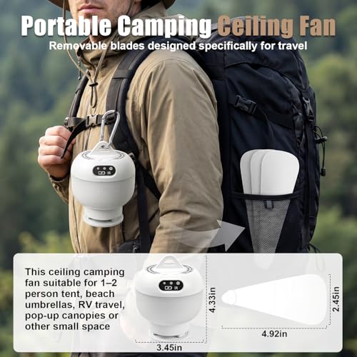 Portable Camping Ceiling Fan with Light & Remote Control - Rechargeable Wireless Tent Fan with 4 Speeds & 3 Light Modes for Outdoor Adventures - Image 6