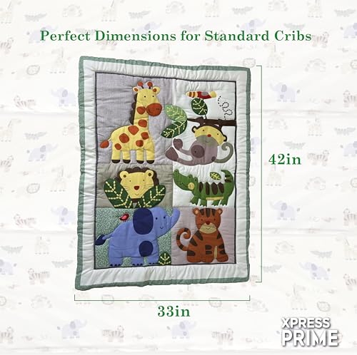 Image of 3 Piece Baby Crib Bedding Set for Boys & Girls - Newborn, Infant & Toddler Nursery Bed Set Decor with Fitted Crib Sheet, Dust Ruffle & Comforter - Safari Friends