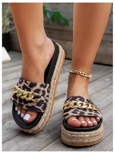 Women's Leopard Print Slide Sandals Open Toe Platform Sandals Summer Vacation Slip on Slides with Metal Chain3