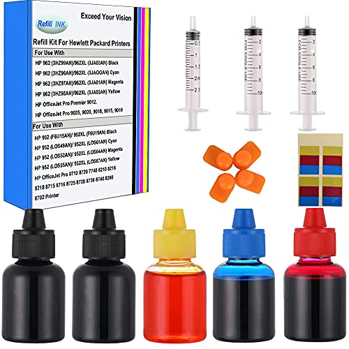 Refill Ink Kit for HP 952 962 952XL 962XL Inkjet Printer Cartridge, Work with Officejet Pro 7740 8210 8216 8702 8715 8720 8725 8730 8740 Printers, (2 B 1 C 1 M1 Y) 25ML x5.