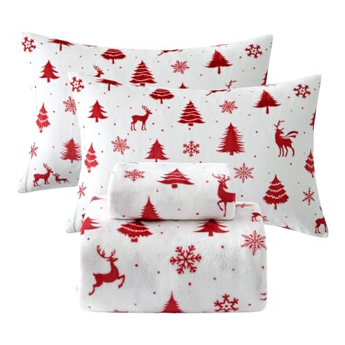 Softan Christmas Fleece Sheets Full Soft as Flannel Deer Print Red