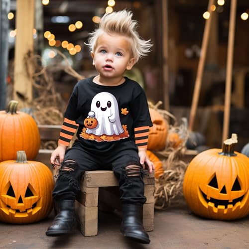 Kids Halloween Shirt Boys Girls Skeleton Hocus Pocus Pumpkin Face Glow in The Dark Graphic Tees Stripe Toddler Long Sleeve3